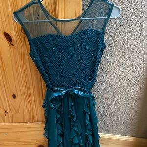Teal girls sparkle holiday dress with tie waist.